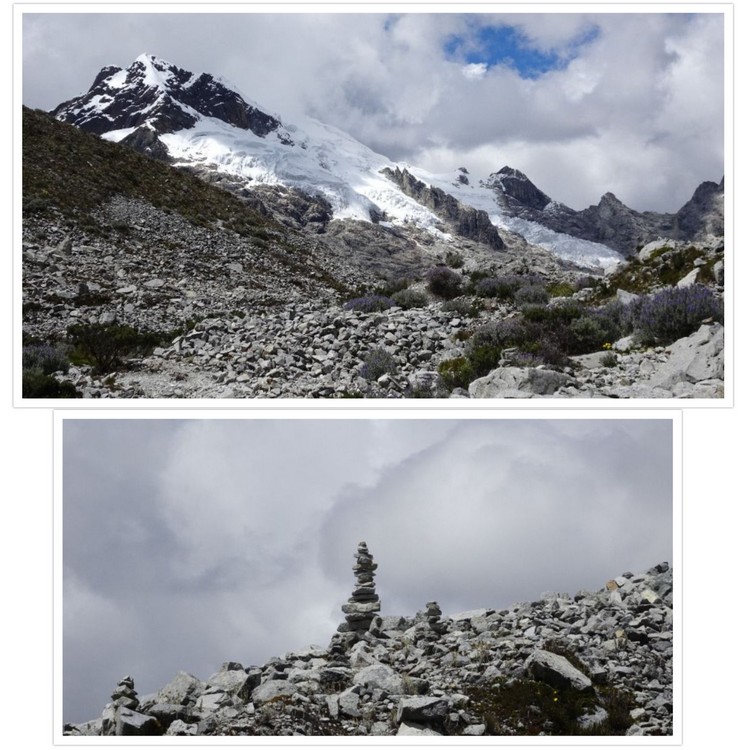 Nevada Yanapaccha et cairn devant les nuages