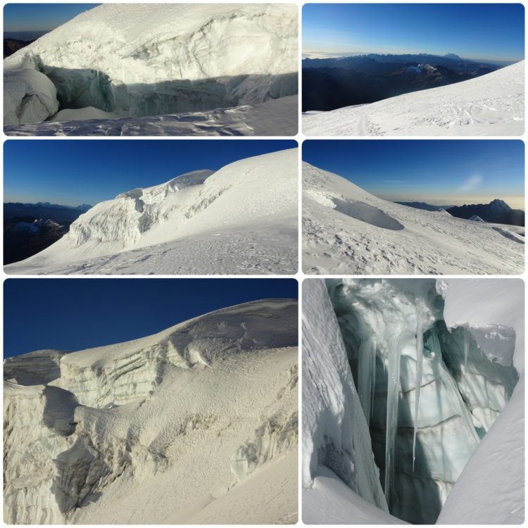 Neige et crevasses dans la descente du Huayna Potosi