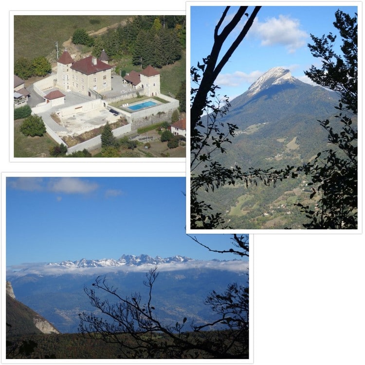 Vue sur Chamechaude, Belledonne et un petit château depuis le couloir de Clémencières